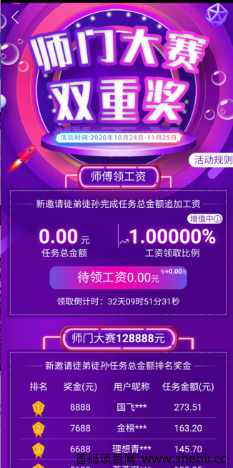 趣闲赚师门大赛双重奖，排行榜最高奖励8888元。