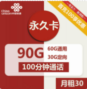 联通永久卡，30元套餐包60g通用流量 30g定向流量 100分钟通话