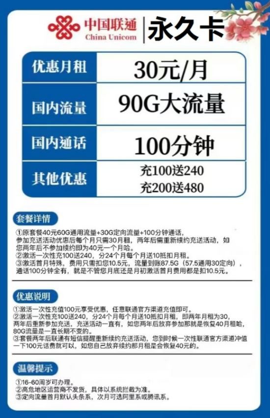 联通永久卡，30元套餐包60g通用流量 30g定向流量 100分钟通话